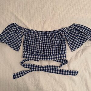 HYFVE Blue and White Gingham Off-Shoulder Top
